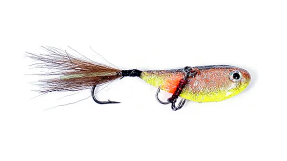 Блешня "бокоплав" КАРЛСОН 9 гр., коричневый, перламутр,живот лимон,гачок-хутро+пропелер Блешня "бокоплав" КАРЛСОН 9 гр., коричневый, перламутр,живот лимон,гачок-хутро+пропелер